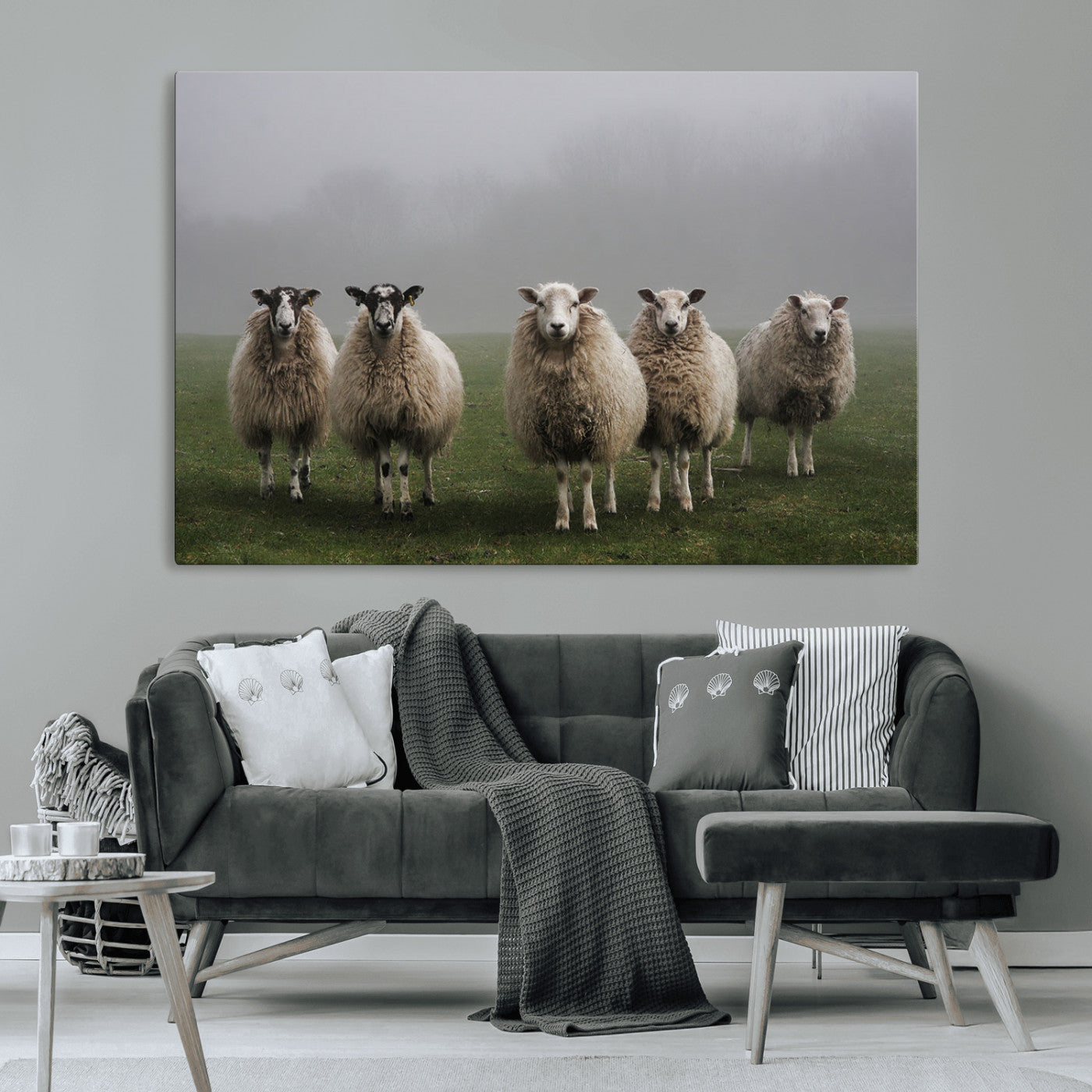 -Flock of Sheep in a Mystical Fog – Pastoral Wall Art Canvas Print, Framed, Ready to Hang