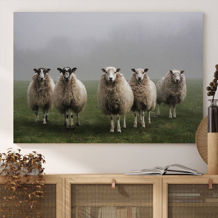 The Flock of Sheep in a Mystical Fog canvas print is framed and ready to hang.