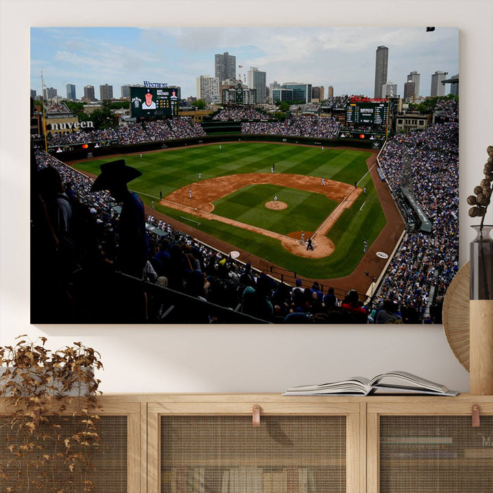 Admire this museum-quality canvas print of a Chicago Cubs game with a cityscape view from the stands at Wrigley Field.