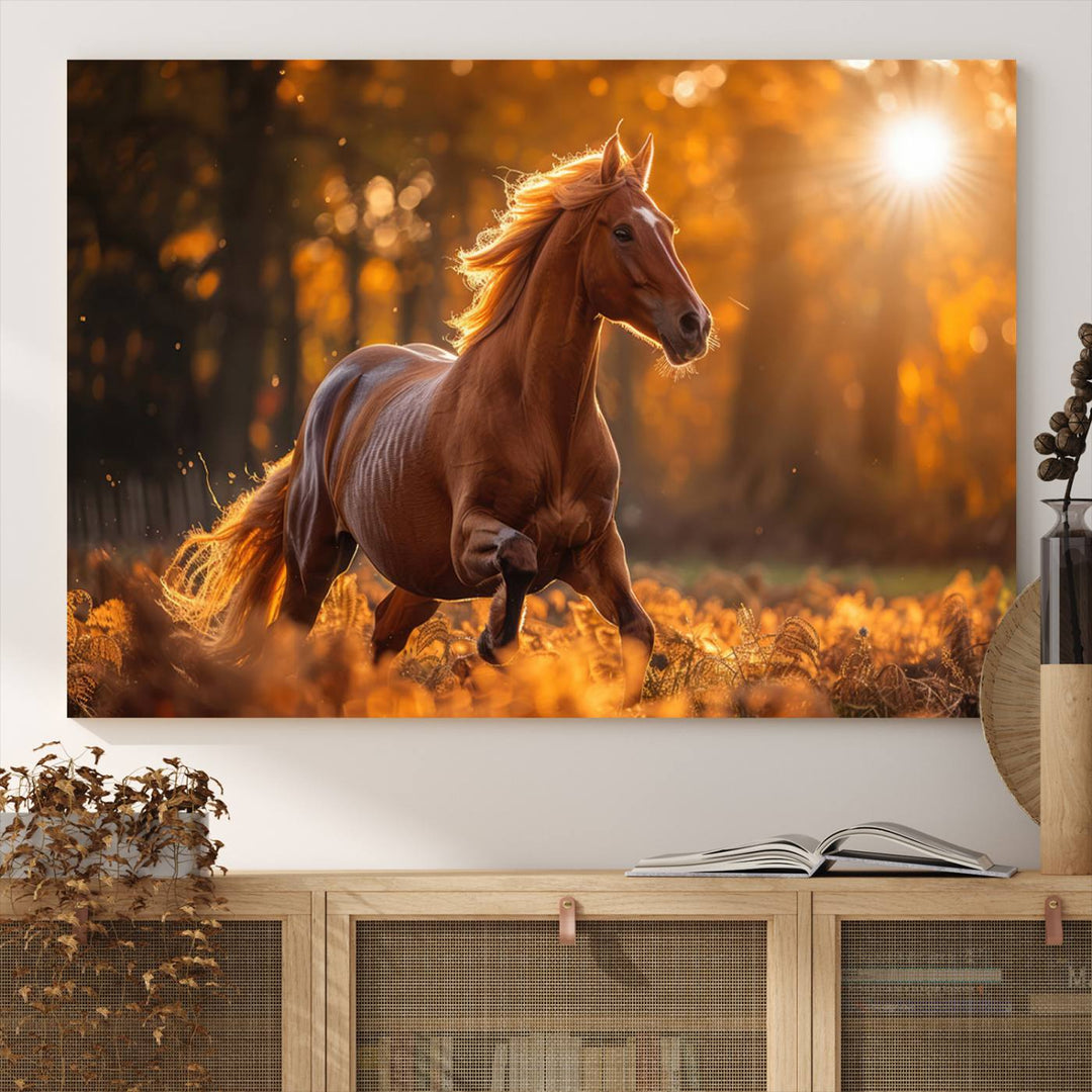 The Running Horse Sunset Forest Wall Art Canvas Print showcases a gallop in an autumn forest with sunlight streaming through the trees.