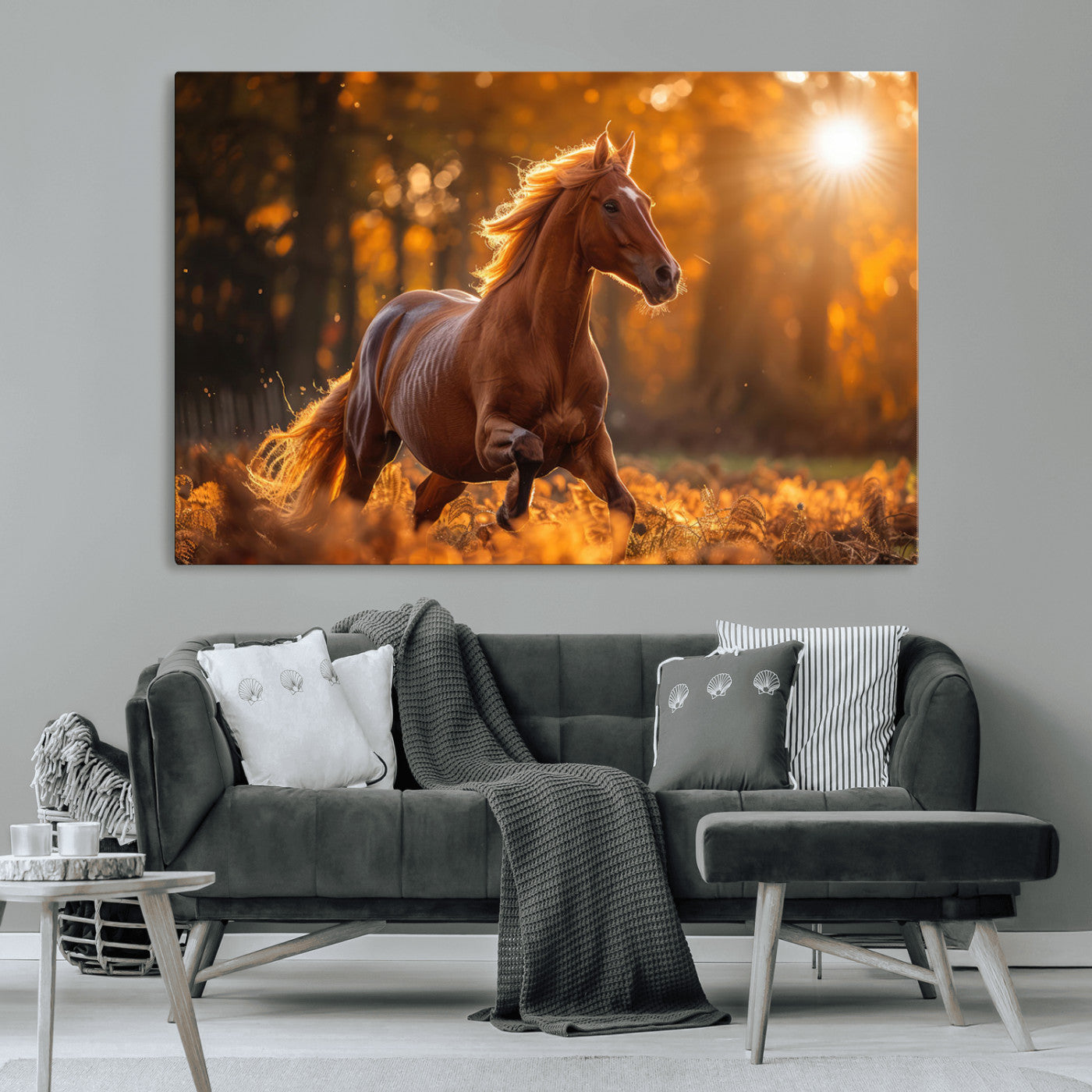 -Running Horse Sunset Forest Wall Art Canvas Print