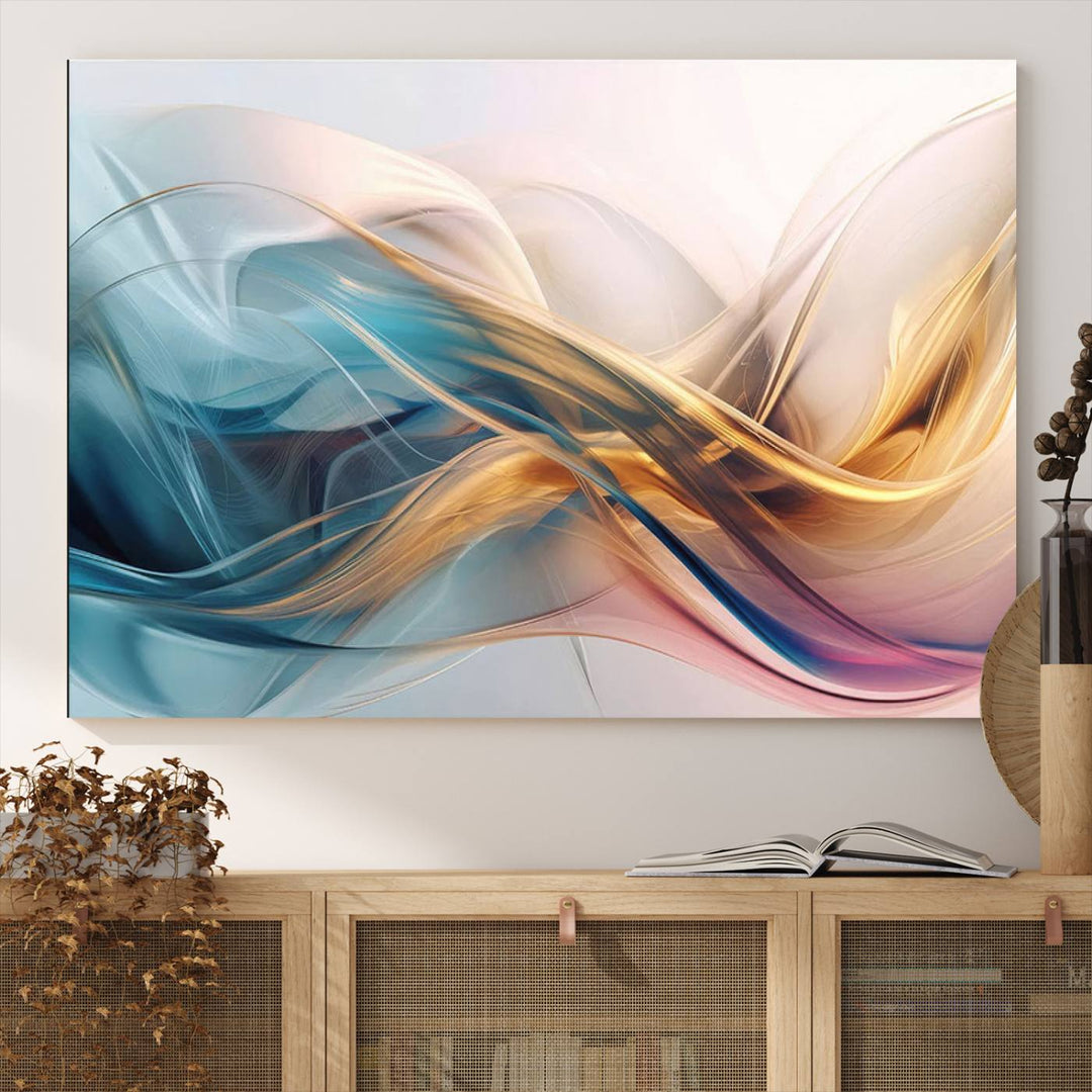 Abstract Flowing Colors Wall Art featuring blue, gold, and pink adds modern elegance to the space.