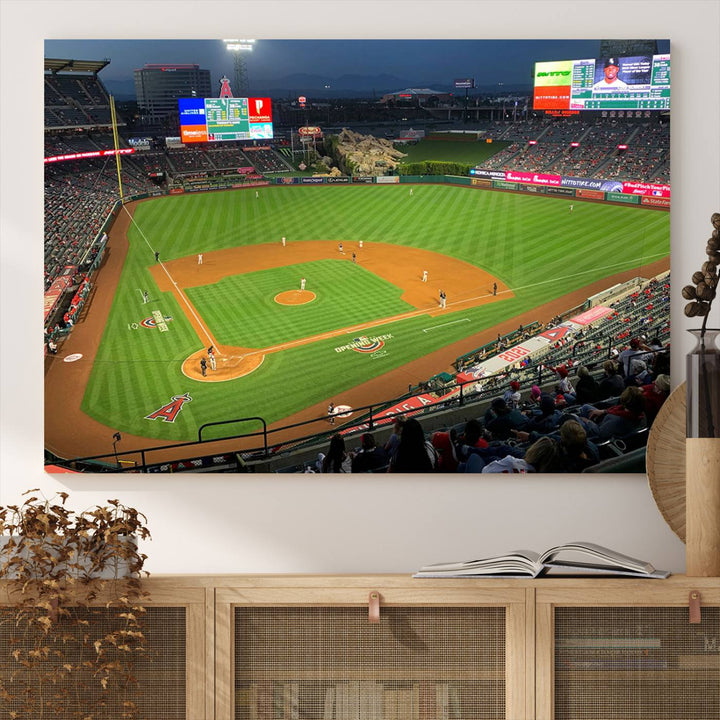 The Angel Stadium Aerial View canvas print of an Angels baseball game is showcased.