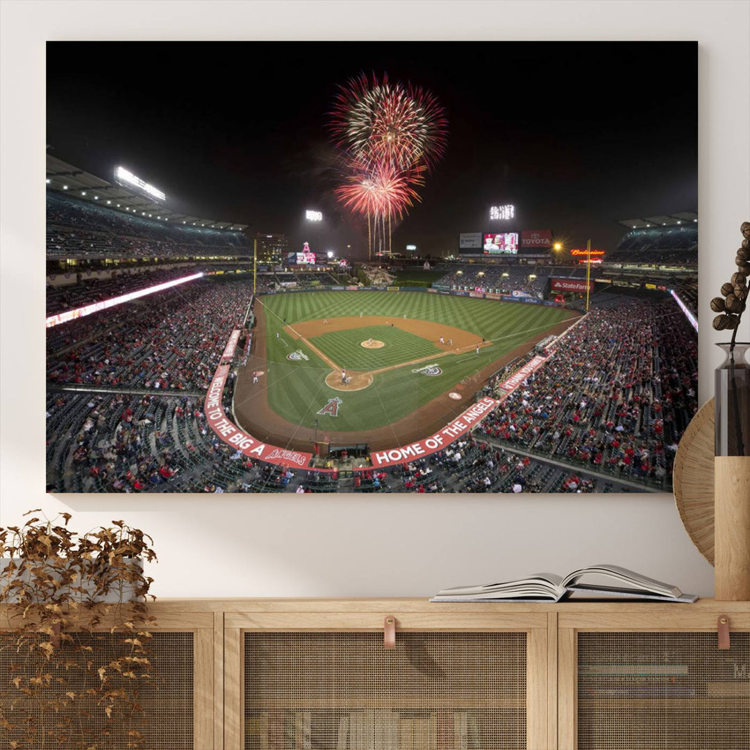 Fireworks at Angel Stadium – LA Angels Night Game Canvas Print, framed and ready to hang.