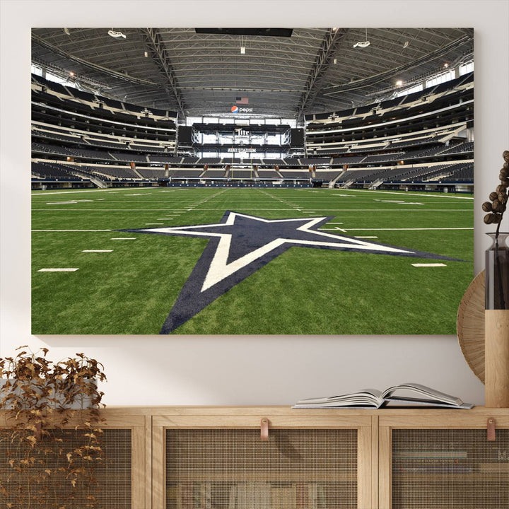 AT&T Stadium Dallas Cowboys Canvas Print displayed above a dining table.