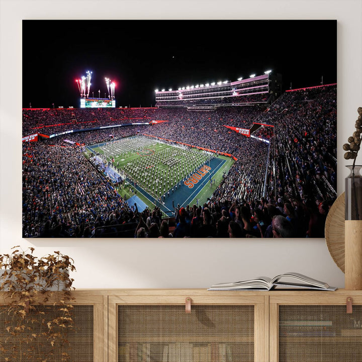 The Gators Night Game Canvas Art captures a lively night at Ben Hill Griffin Stadium with vibrant fireworks and the energy of a live band.