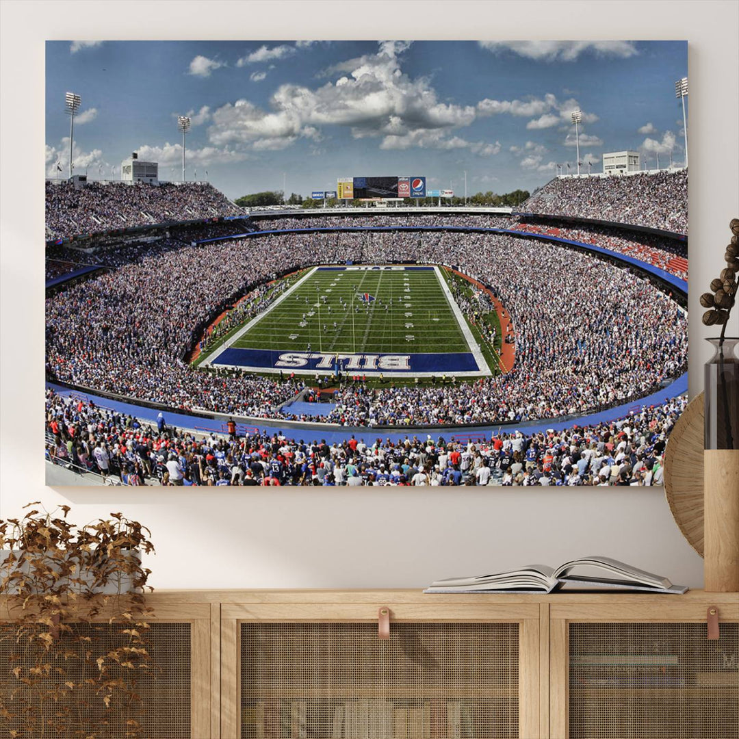 Our Buffalo Bills Game Day Canvas captures a vibrant scene at Highmark Stadium, with a lively crowd under a partly cloudy sky.