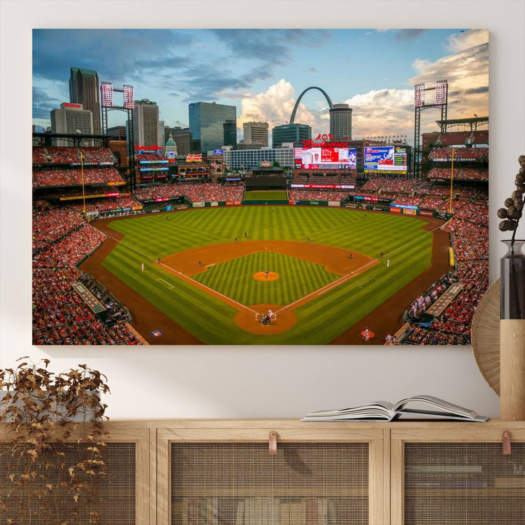 A Busch Stadium canvas print featuring a cityscape, ideal for enhancing living room or man cave sports decor.