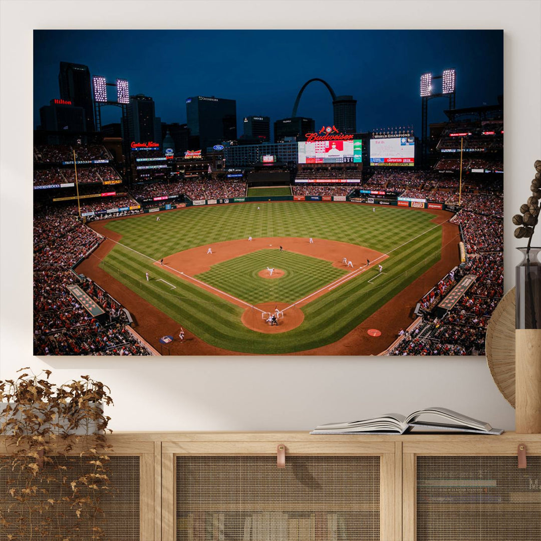 A St. Louis Cardinals Baseball Team print of Busch Stadium at night adorns the wall.