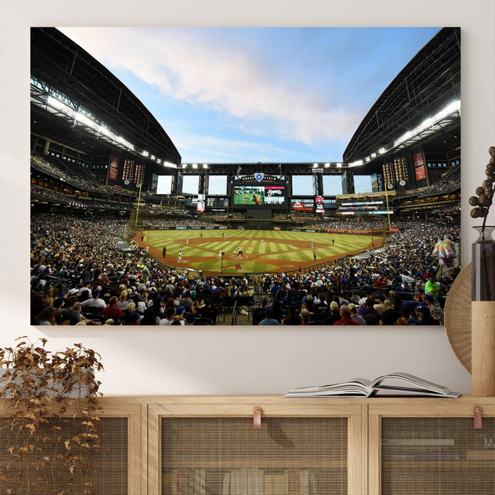 The wall art is an Arizona Diamondbacks Baseball Print depicting a packed Chase Field Stadium under a clear blue sky.