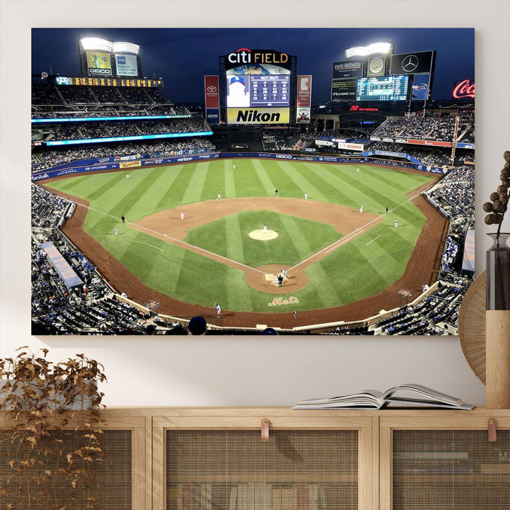 The wall is adorned with a 3-panel Citi Field Wall Art Print, framed for sports-themed decor.