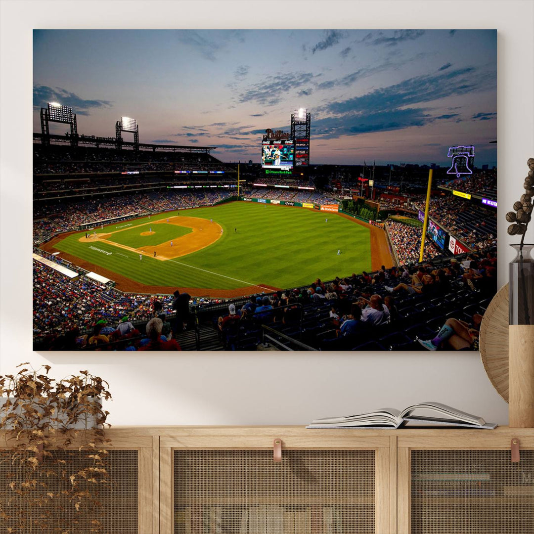 A wall art piece depicting the Philadelphia Phillies Citizens Bank Park Stadium at dusk.