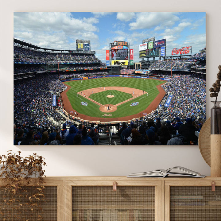 A wall art piece featuring a New York Mets Baseball Team print of Citi Field during a thrilling game under a blue sky.