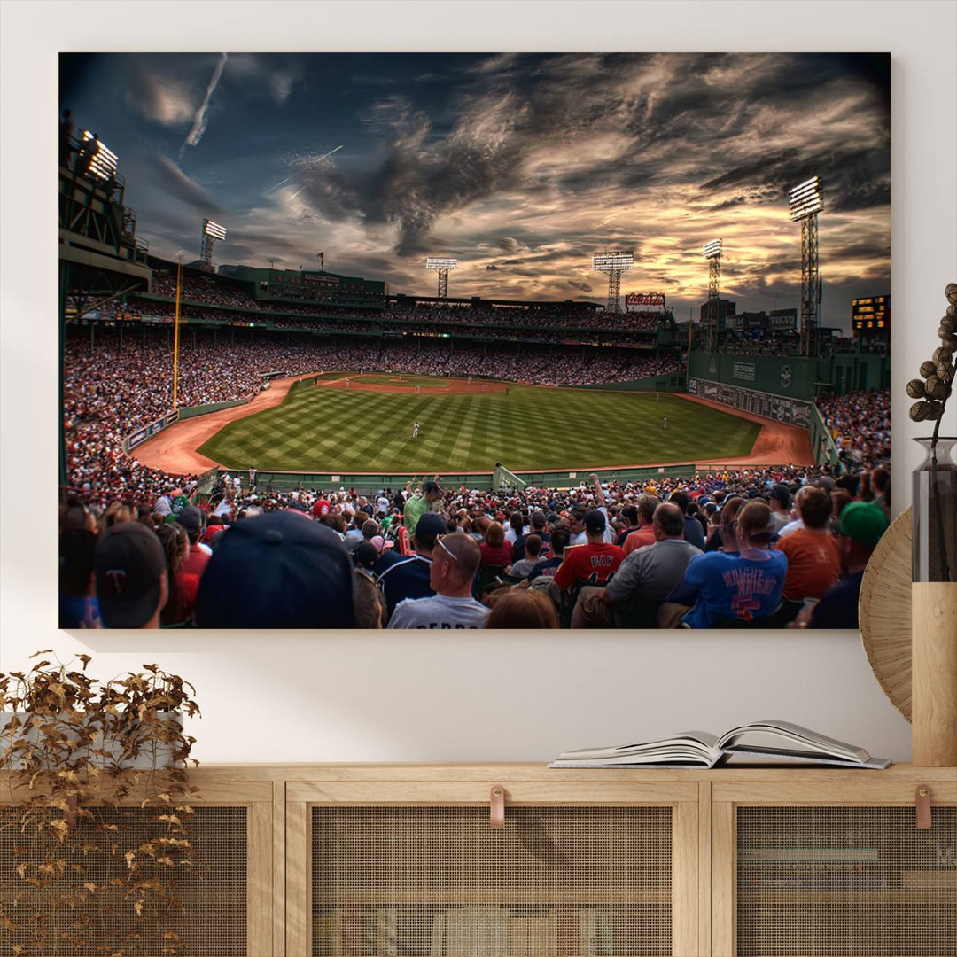 Boston Red Sox canvas print of Fenway Park at sunset, ideal for sports fans.