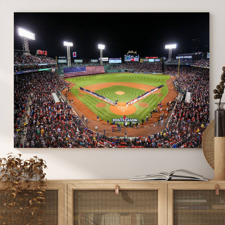 The Fenway Park Wall Art Canvas Print showcases a stunning aerial view of Bostons iconic ballpark at night, making it an ideal piece for any Red Sox enthusiast.