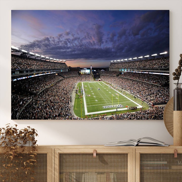 A large New England Patriots Foxborough Gillette Stadium wall art canvas print at sunset.