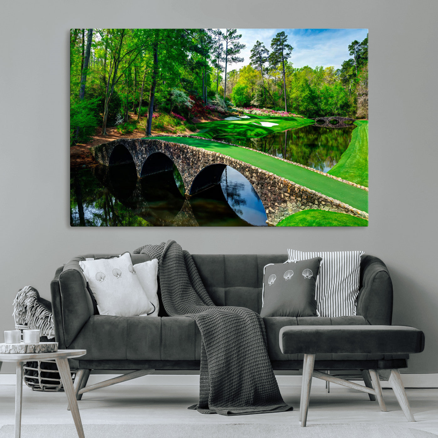 MGV-CV-36X24 - Augusta National Golf Club Wall Art - Panoramic Bridge & Lush Greenery – Premium Framed, Ready-to-Hang Triptych Canvas