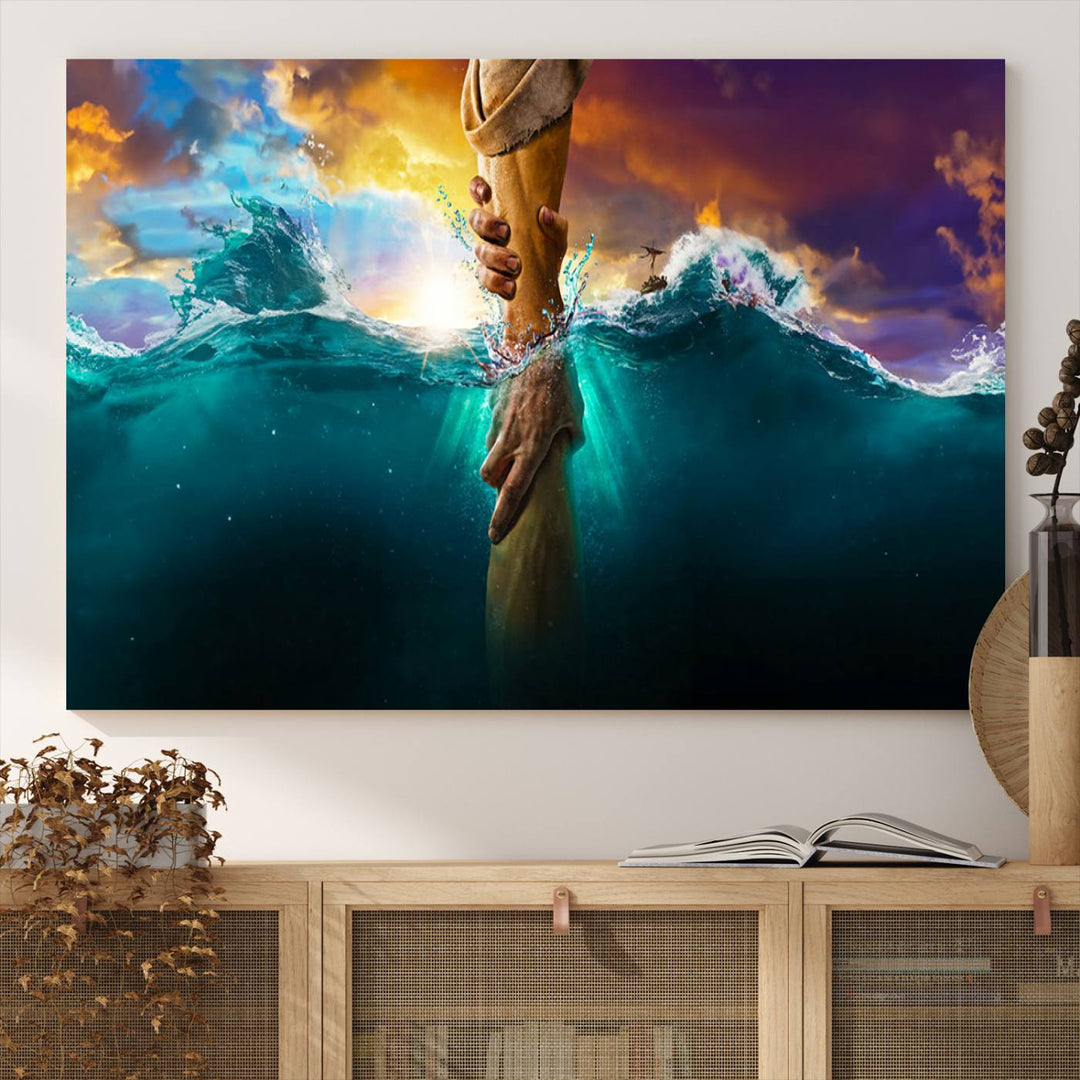 The God Hand Wall Art Canvas Print depicts hands reaching through water against a vibrant sky.