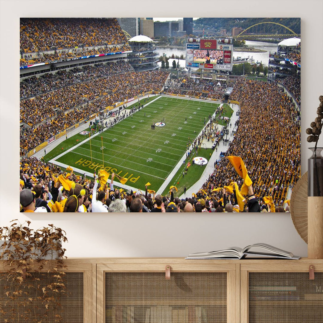 Heinz Field wall art and a cityscape serve as the backdrop.