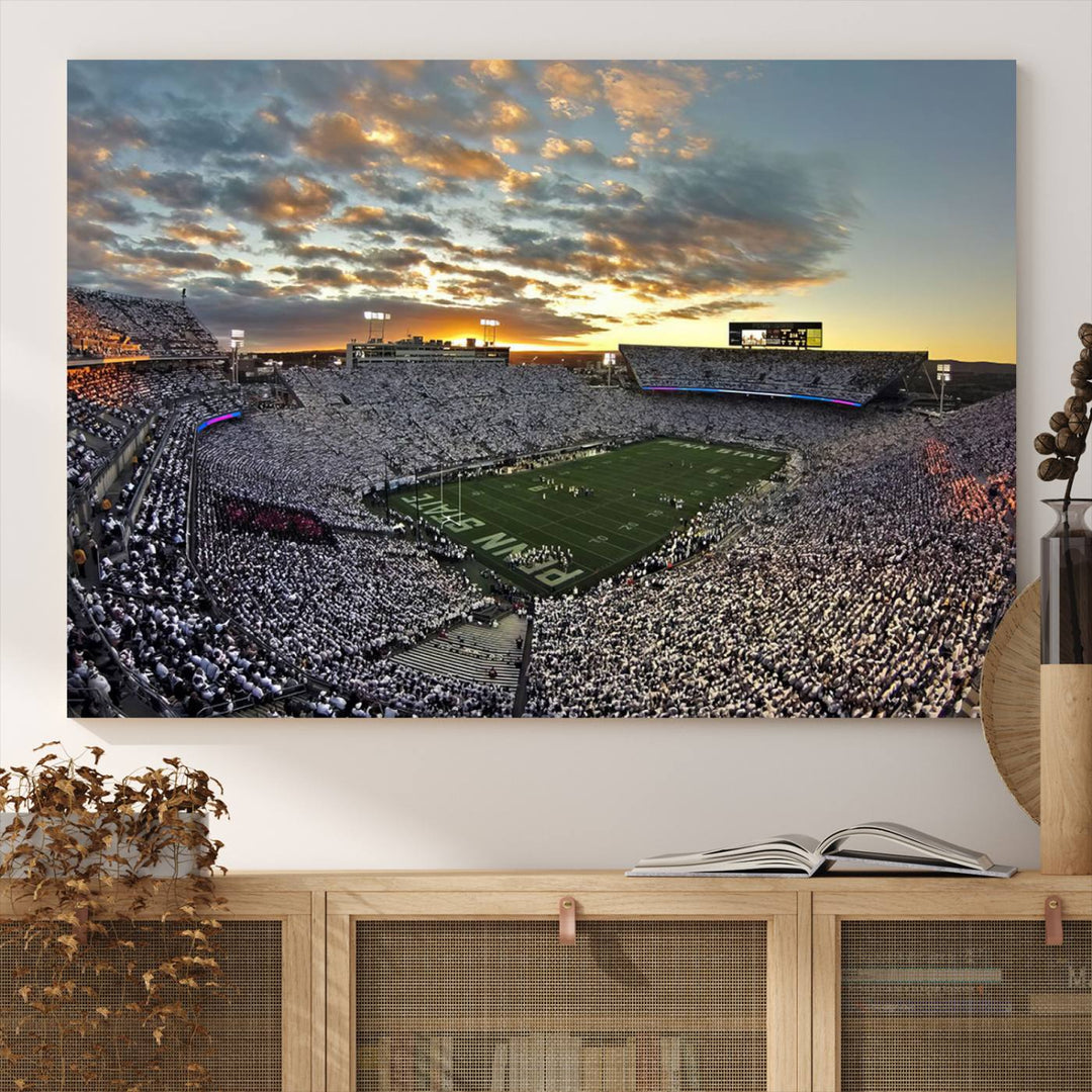 Enhance your dining area with team spirit by mounting the Beaver Stadium Wall Art, capturing sunsets in elegant style.