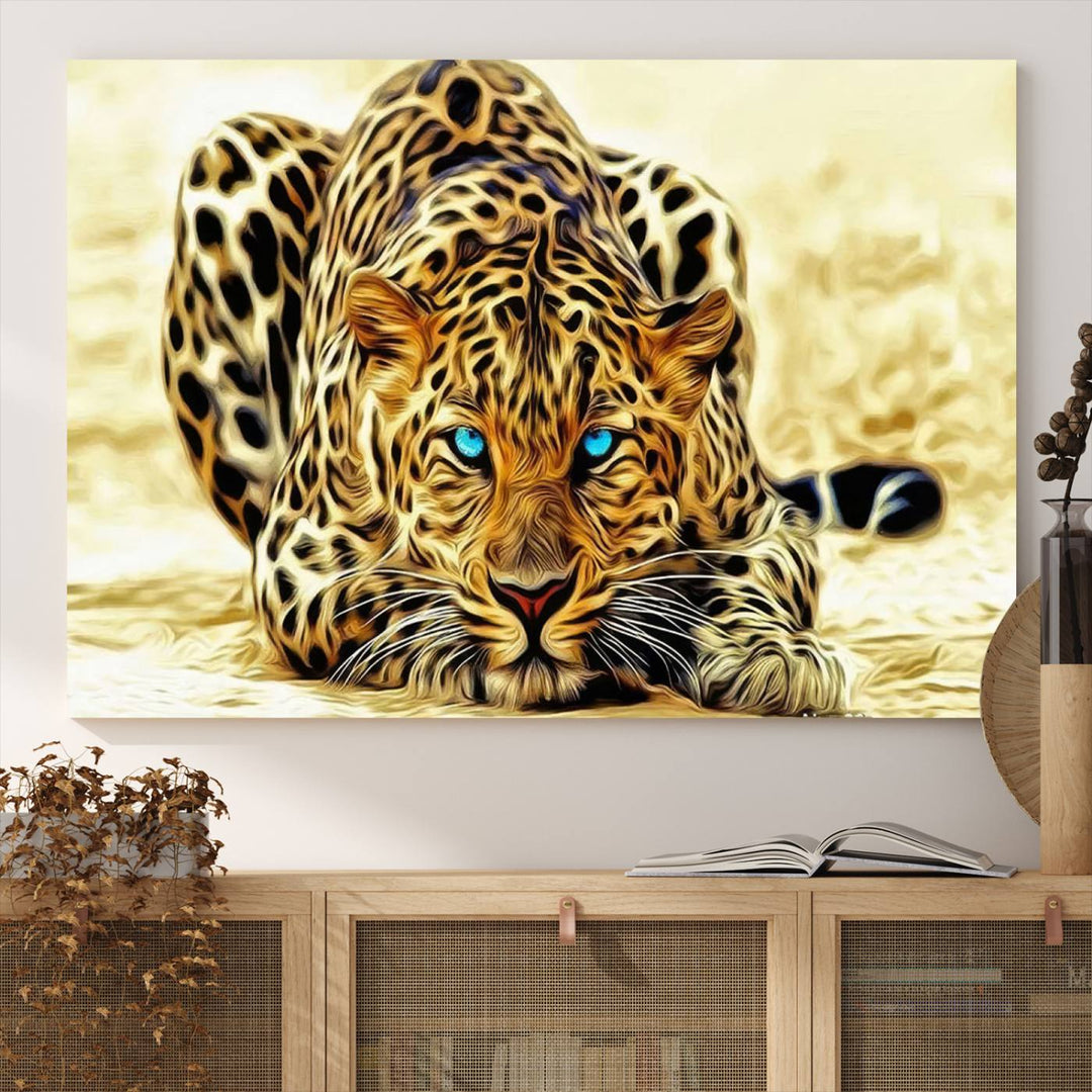 The Blue-Eyed Leopard Canvas Wall Art features a fierce and captivating design, perfect for wildlife enthusiasts. Its bold imagery makes it a striking decor piece, ready to hang.