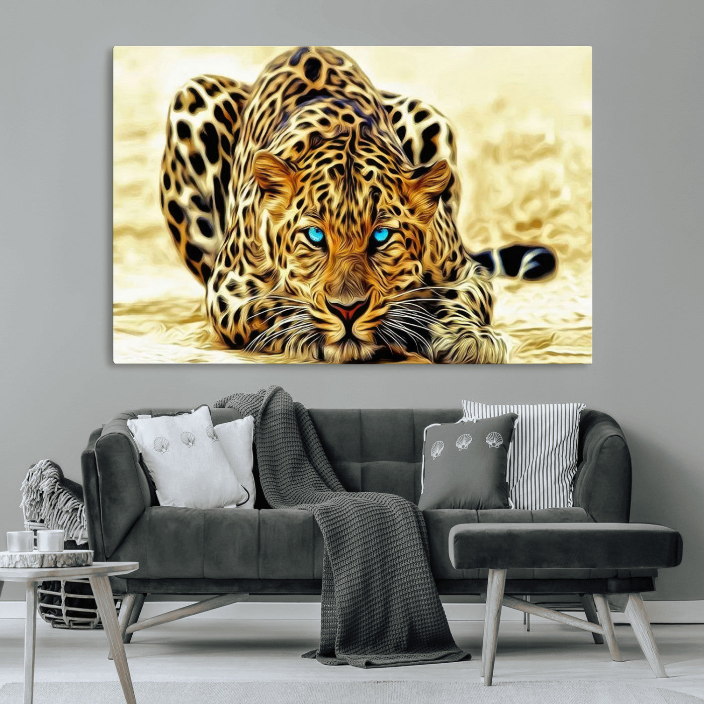 -Blue-Eyed Leopard Canvas Wall Art - Framed Animal Print Ready to Hang - Fierce and Bold Decor for