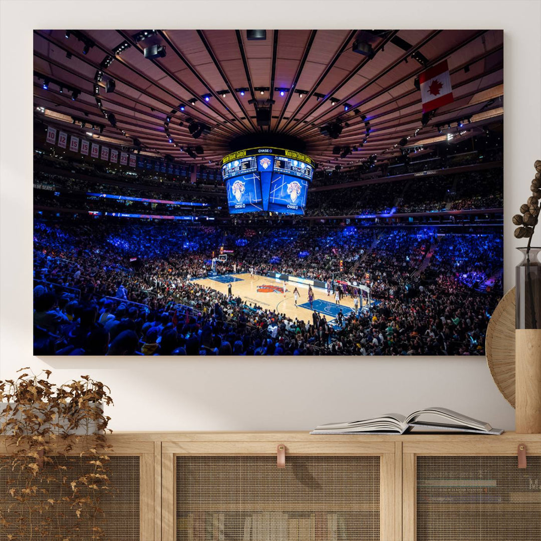 A print depicting an NBA game at Madison Square Garden, highlighting the scoreboard.