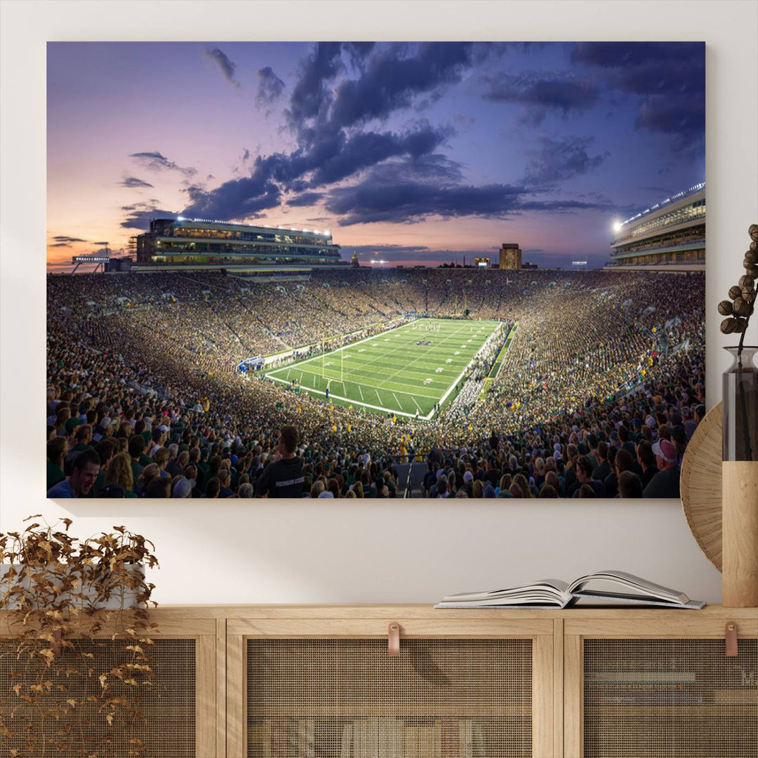 As the sun sets, a stunning backdrop highlights the Notre Dame Fighting Irish Football Team Print.