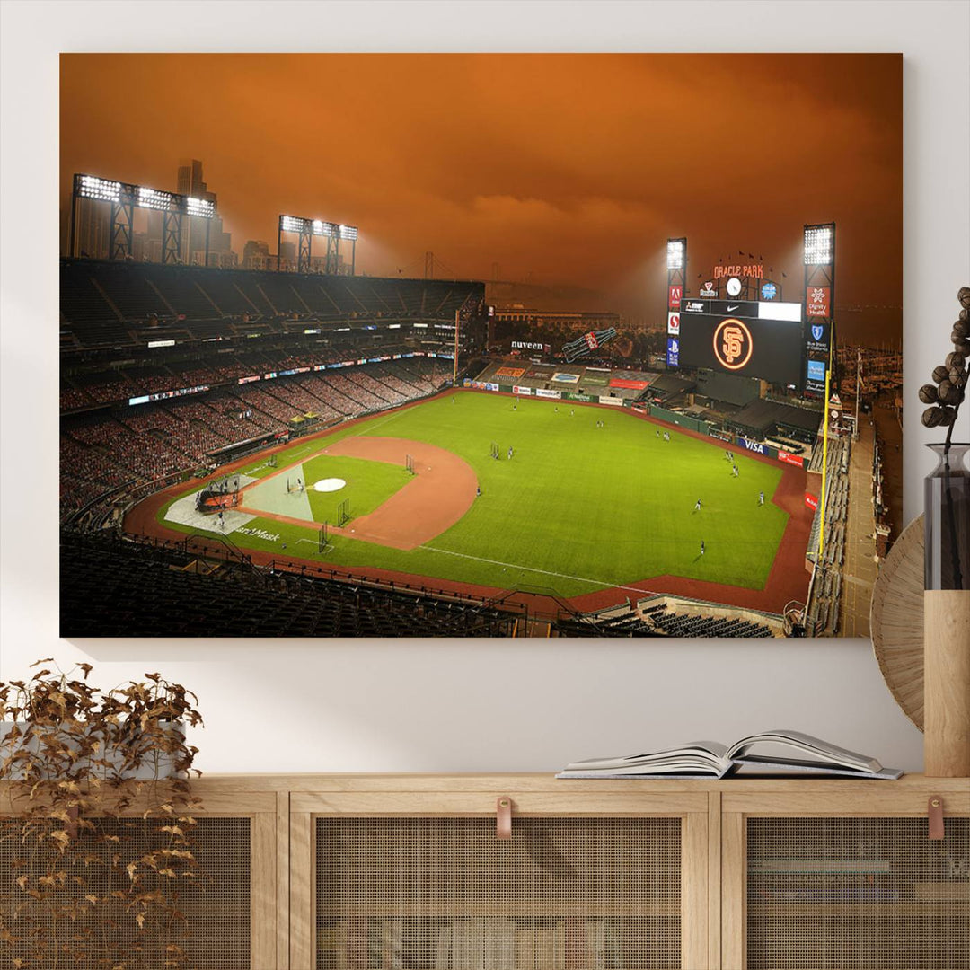 A canvas depicting an Oracle Park game with an orange sky, from SF Giants Stadium Wall Art.