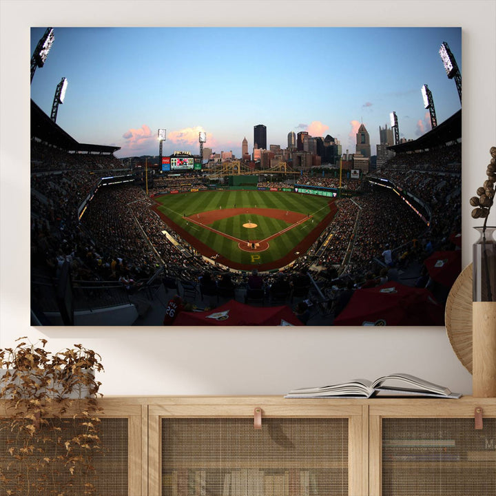 The PNC Park Evening Game Canvas, featuring a skyline backdrop, is displayed on the wall.