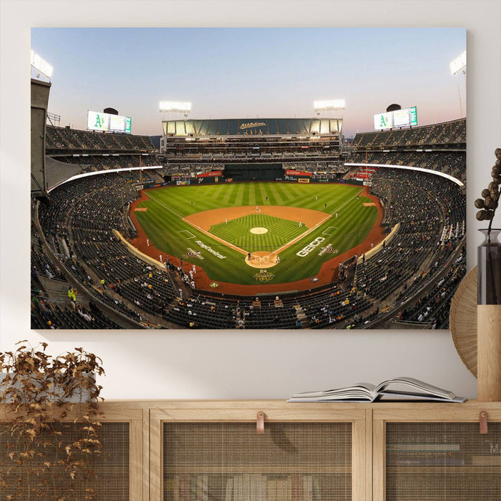 Oakland Athletics wall art canvas featuring the interior of RingCentral Coliseum Stadium.