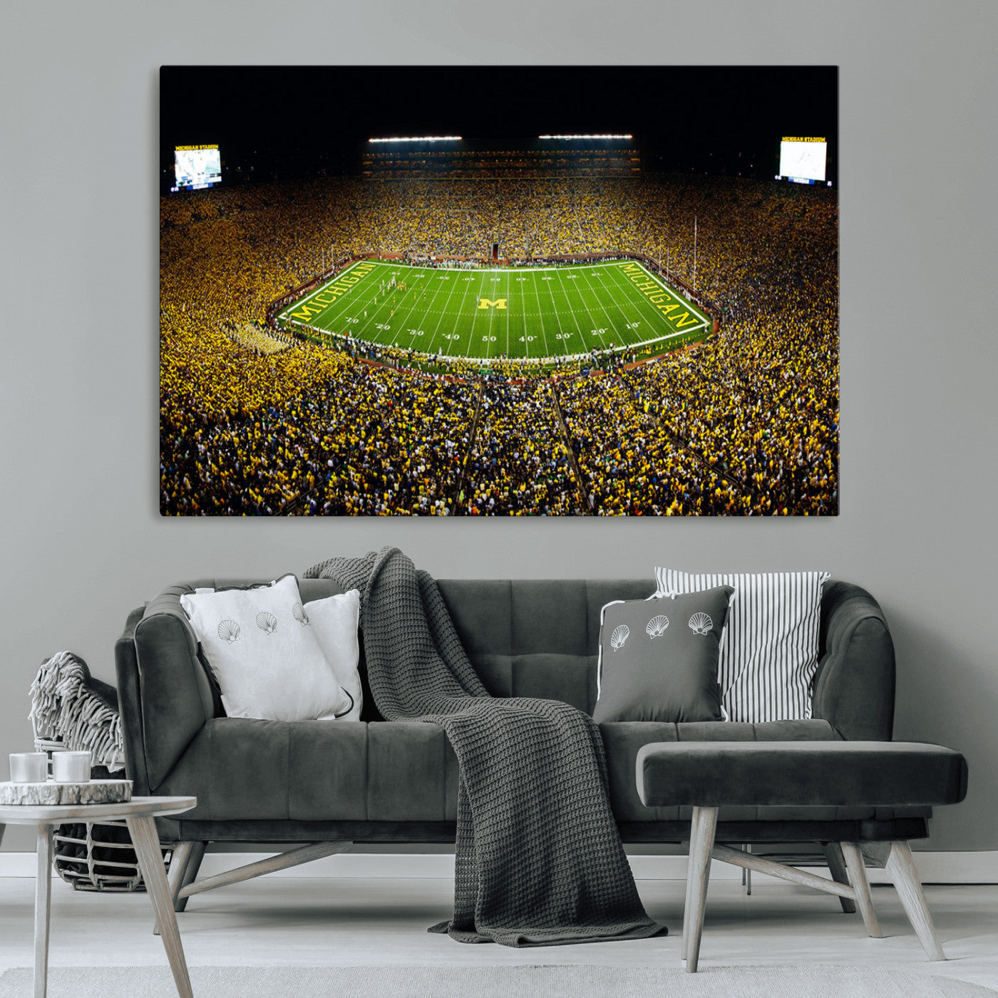 26166-MGV-CV-36X24-Stadium in Michigan Wall Art Canvas Print, Framed American Football Stadium Art Picture Print, Football Stadium Field Perfect Sports Room Decor Artwork