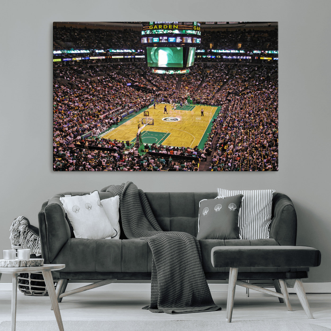MGV-CV-36X24 - TD Garden Basketball Game Triple Canvas Wall Art - Boston Celtics Live Action - Framed - Ready to Hang