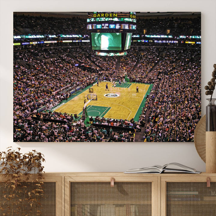 A vibrant depiction of a TD Garden basketball game is beautifully captured in the Boston Celtics Triple Canvas Wall Art, which comes framed and ready to hang.