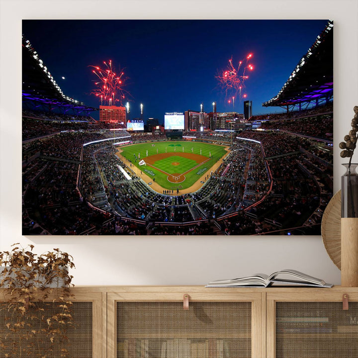 Truist Park wall art: fireworks over a Braves crowd, a large 3-panel canvas, framed and ready-to-hang.