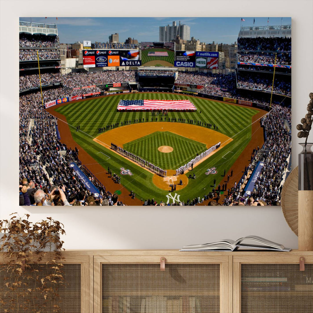 The Yankee Stadium New York wall art print features a vibrant scene of baseball fans with a large flag and players, expertly capturing the spirit of the game. This ready-to-hang décor is perfect for adding a dynamic touch to any space.