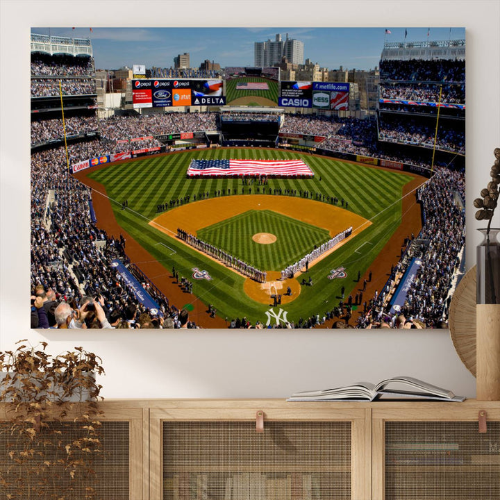 The Yankee Stadium New York wall art print features a vibrant scene of baseball fans with a large flag and players, expertly capturing the spirit of the game. This ready-to-hang décor is perfect for adding a dynamic touch to any space.