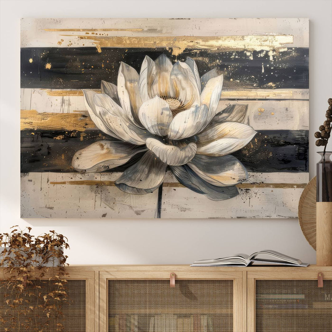 The wall is adorned with an Abstract Lotus Flower Wall Art Canvas Print.