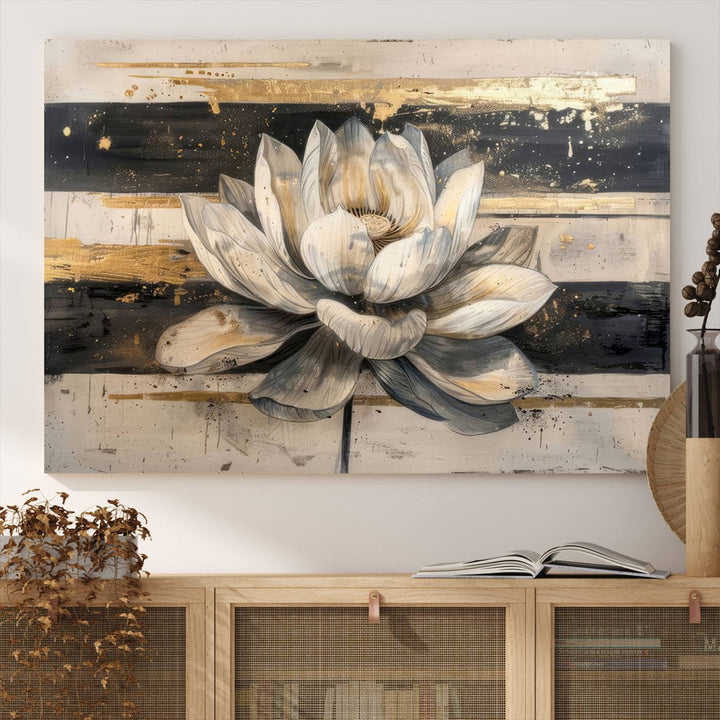 The wall is adorned with an Abstract Lotus Flower Wall Art Canvas Print.