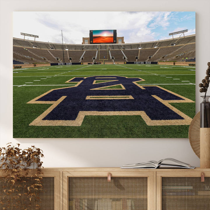 Notre Dame Stadium Triptych: This ready-to-hang giclee canvas print features a vibrant depiction of the football field adorned with an A logo and a stunning sunset.