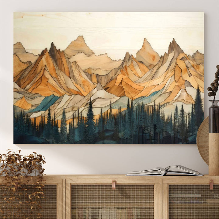 A triptych giclee print of mountains decorates the wall above the counter.