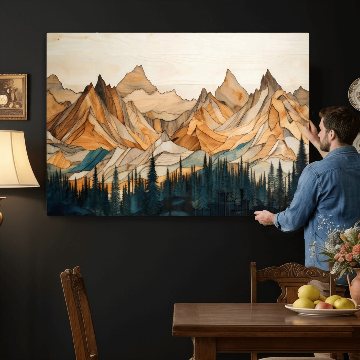 31576-PAN-FL-20X10 - Rustic Wood Mountain Wall Art Print | Triptych Giclee Print Featuring Handcrafted Forest and