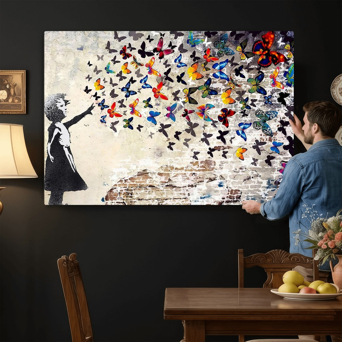 97895-MGV-CV-24X16 - Banksy Graffiti Wall Art Canvas Print, Girl Releasing Vibrant Butterflies
