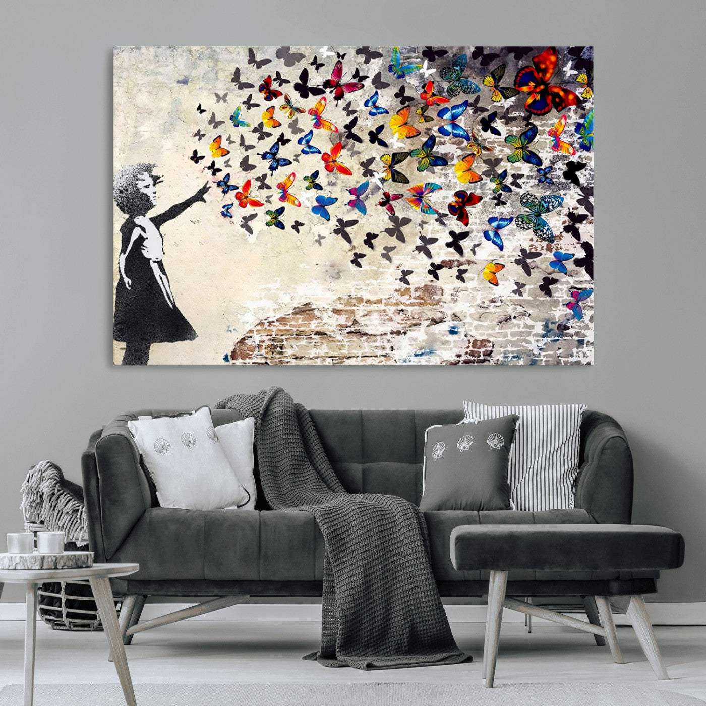 MGV-CV-36X24 - Banksy Graffiti Wall Art Canvas Print: Girl Releasing Vibrant Butterflies – Ready to Hang