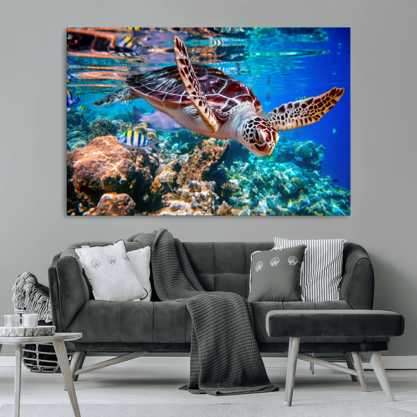 MGV-CV-36X24 - Underwater Coral Reef Sea Turtle Wall Art Canvas Print, Vibrant Marine Life | Colorful Ocean Scene