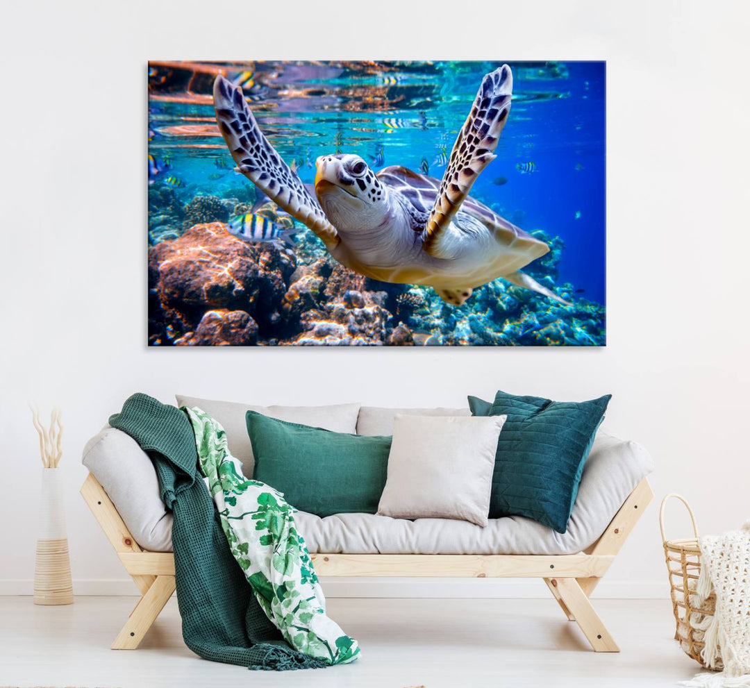 The Underwater Sea Turtle Wall Art Canvas Print serves as vibrant ocean décor, enhancing the kitchen with its stunning depiction.