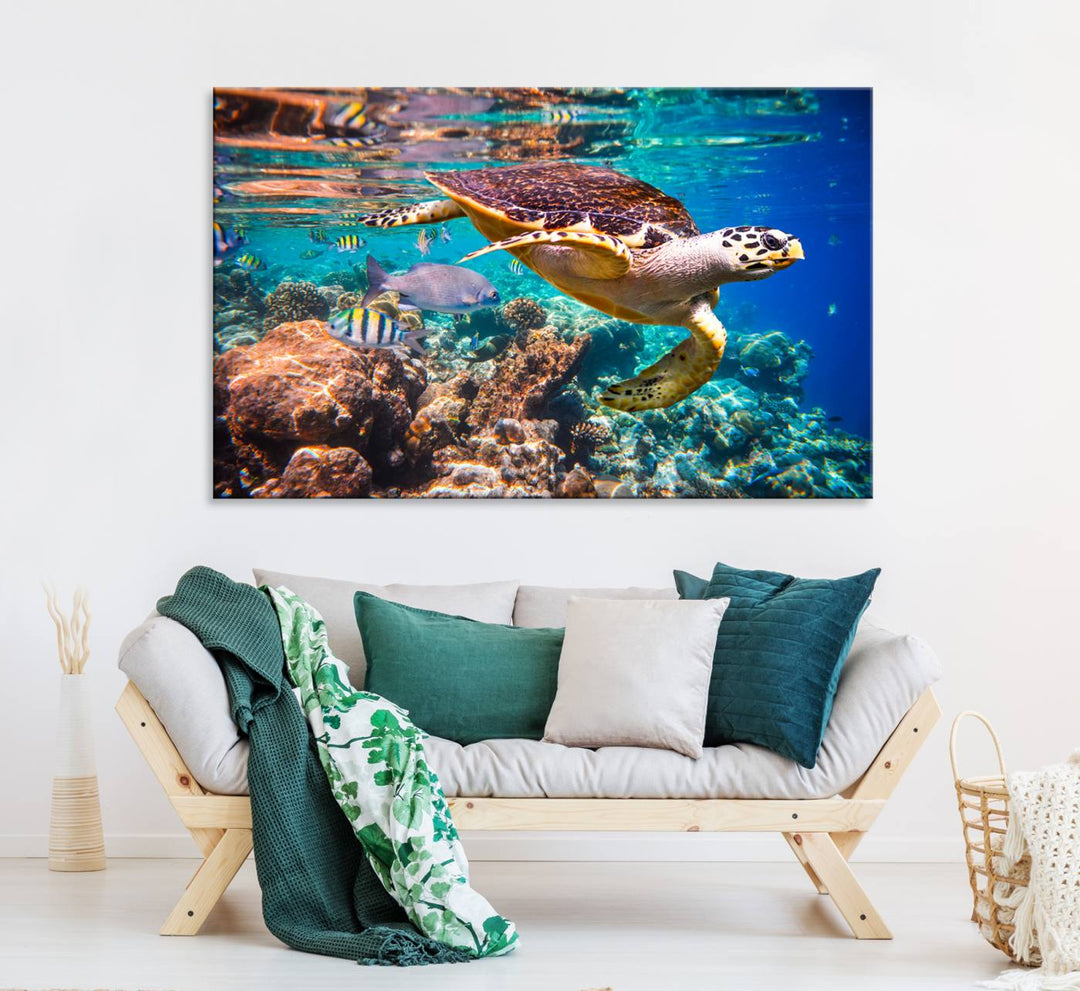 A Sea Turtle Wall Art Canvas Print features a colorful turtle swimming among coral. This artwork is ready to hang.