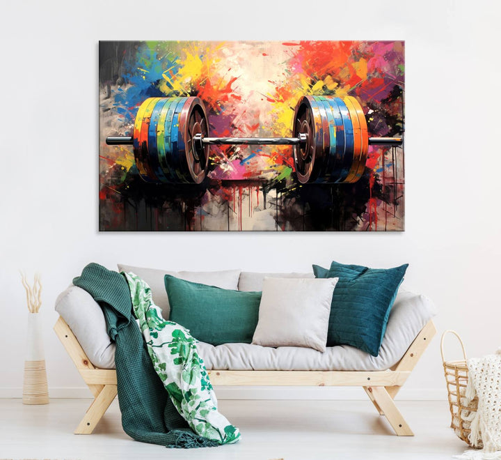 The Weightlifting Barbell Art Triptych hangs prominently on the wall.