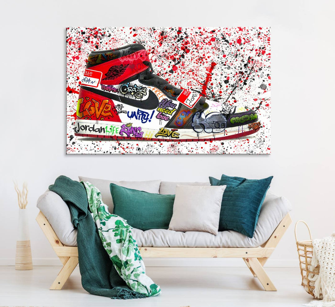 A Jordan Shoes Graffiti Canvas Print hangs prominently, perfect for sneakerheads and urban art lovers.