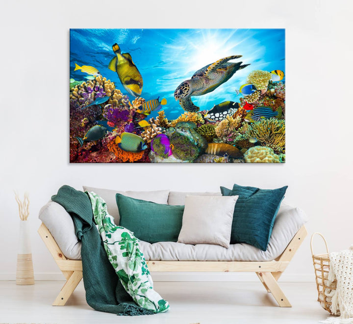 The Colorful Coral Reef and Sea Life Turtle Canvas Print brings vibrant ocean decor to your wall.